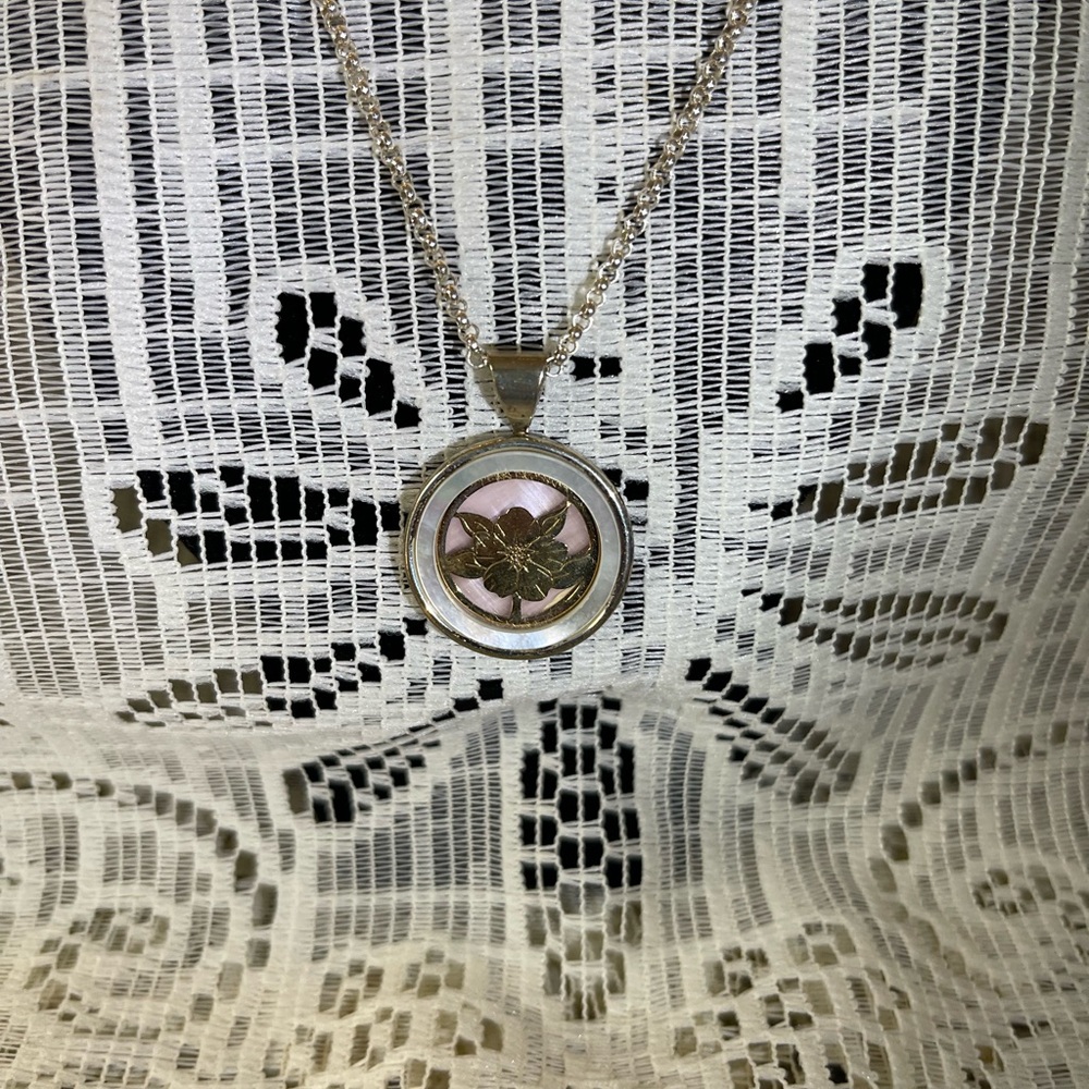 Sterling Silver, 14k gold, & Mother of Pearl- Violet, February Pendant Necklace